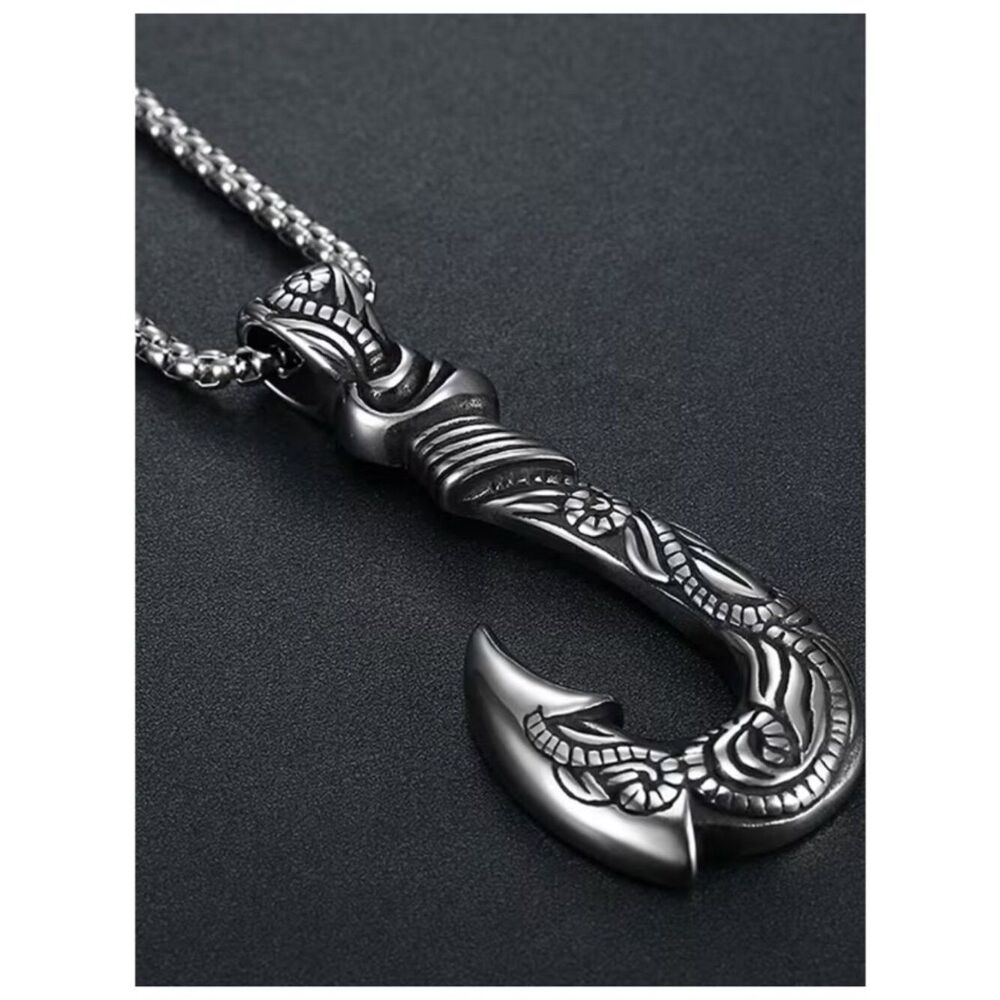 Bohemian Engraved Ocean Fishhook Pendant Cross-Culture Fusion Maritime Talismans